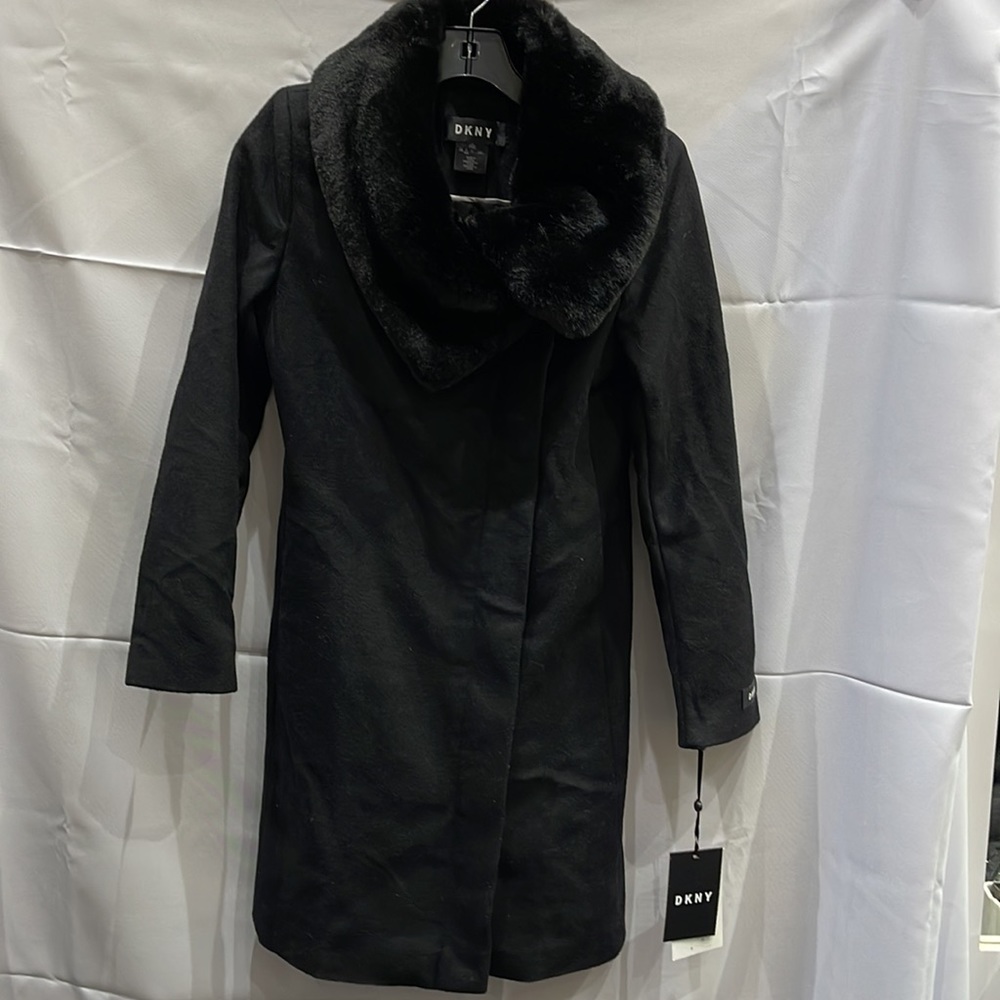BNWT DKNY Full Length Fur collar Black wool Coat XXS